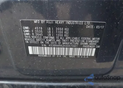 2017 Subaru Legacy 2.5I Sport z USA, uszkodzony, nr VIN 4S3BNAR62H3051081